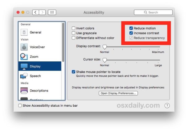 Disable transparency and reduce motion in MacOS