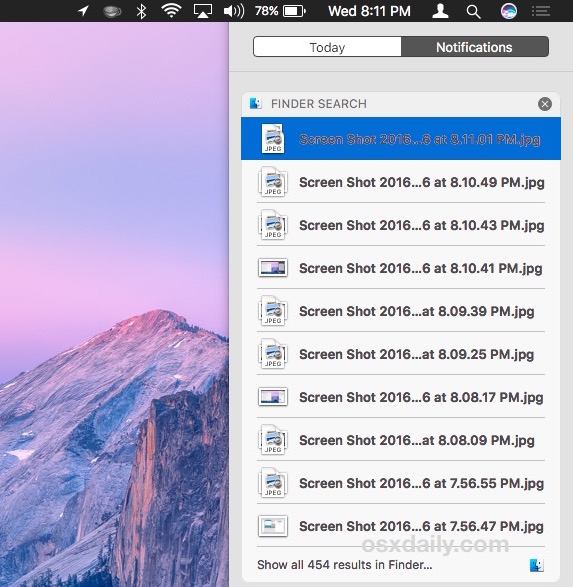 Siri notification search result of files added to Notification center on Mac