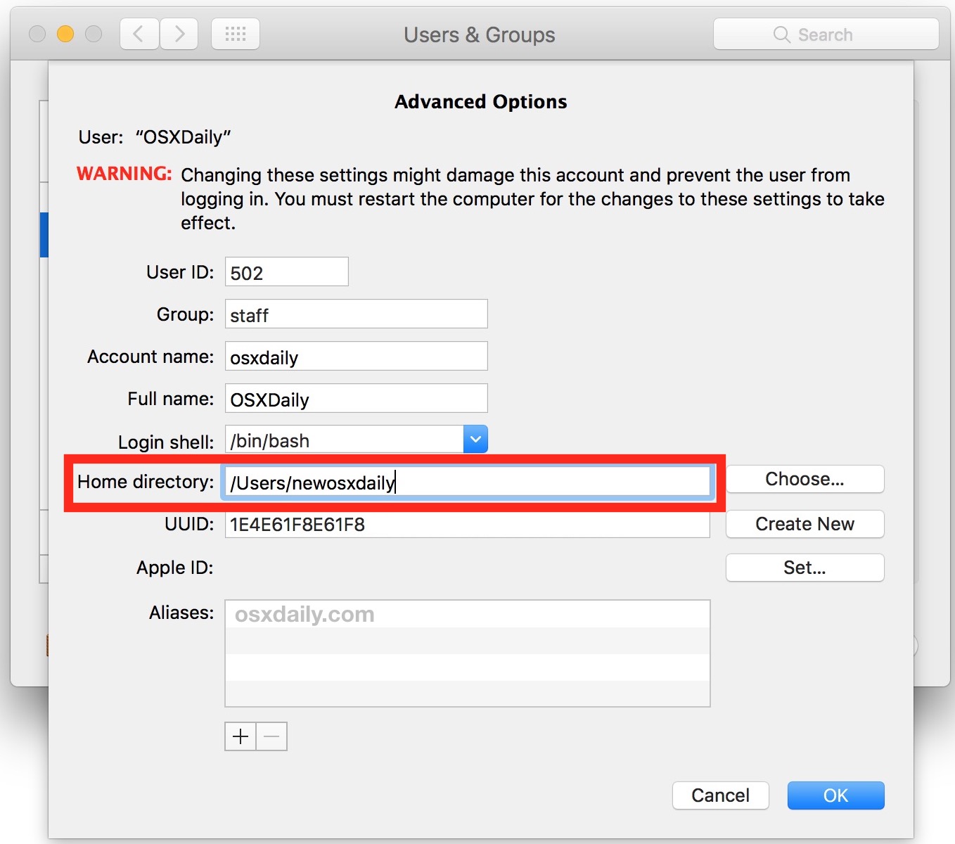 Изменить путь к папке домашнего каталога пользователя на Mac