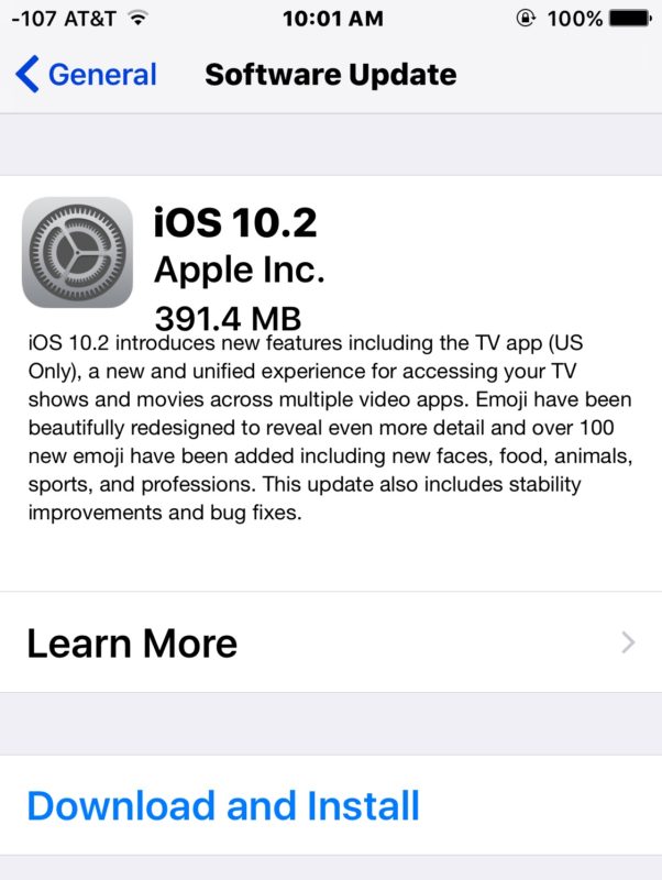 iOS 10.2 update download available to install