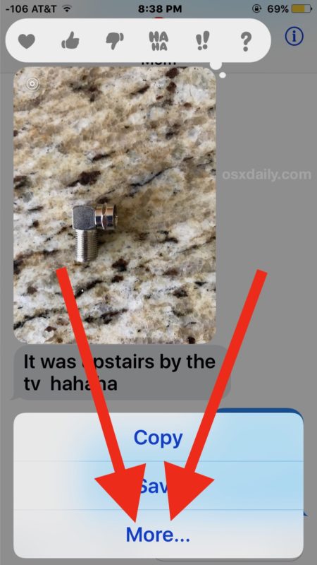 Choose More to forward the photo message in iOS