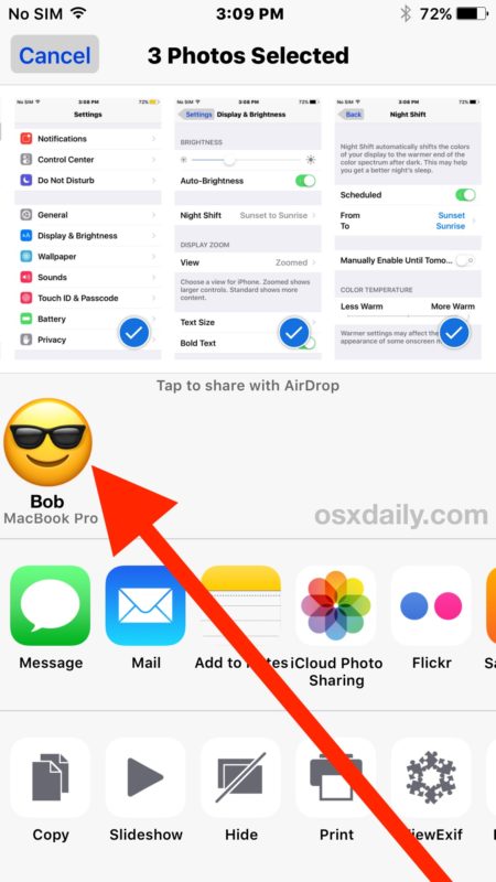 Tap the Mac user and Mac computer to airdrop from iPhone to Mac