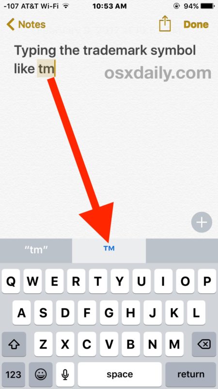 Type the trademark and copyright symbols on iPhone
