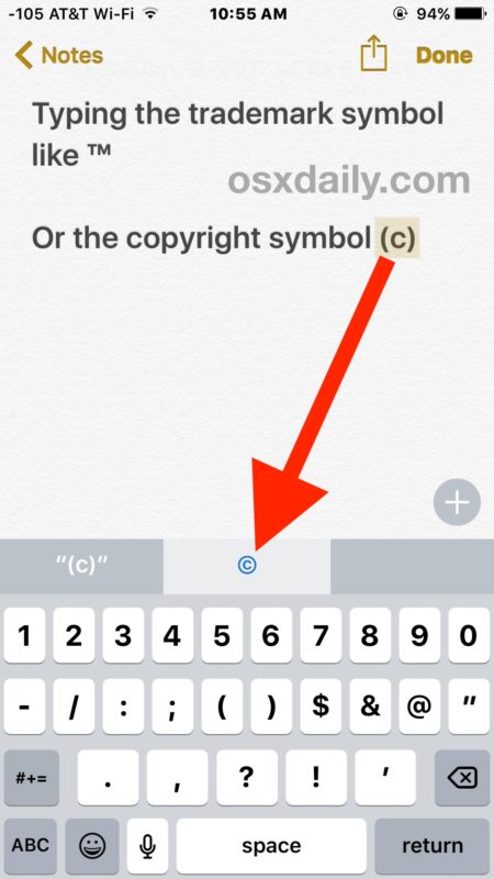 Type the trademark or copyright symbol on iPhone