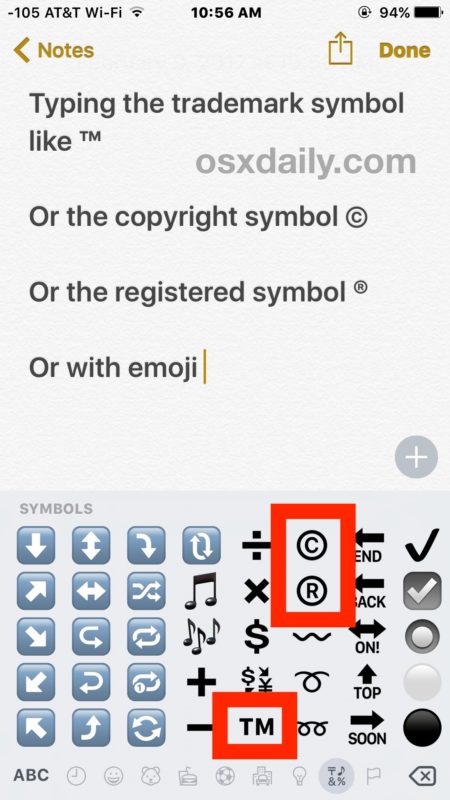 Type the trademark, copyright, registered symbols on iPhone and iPad