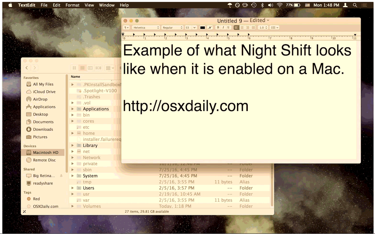 Мокап Night Shift включен и Night Shift выключен на Mac