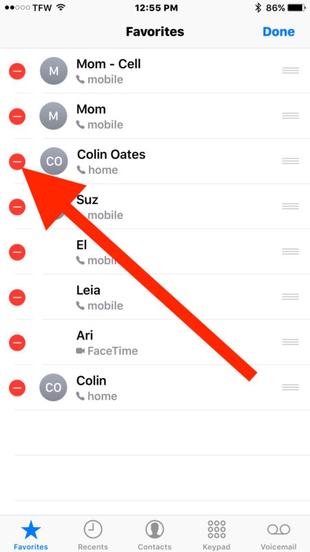 Tap the red delete button to remove iPhone Favorite contact