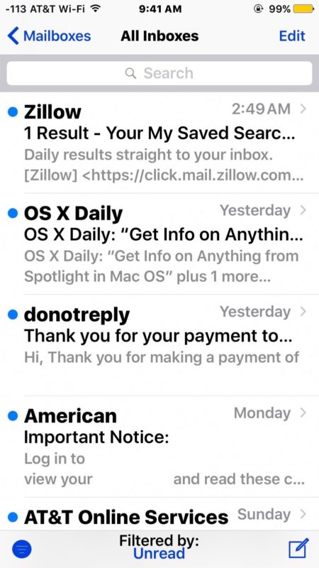 Showing only the unread emails in iOS inbox