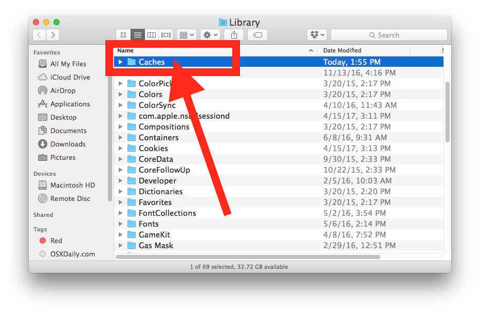 Choose the CACHES folder on Mac