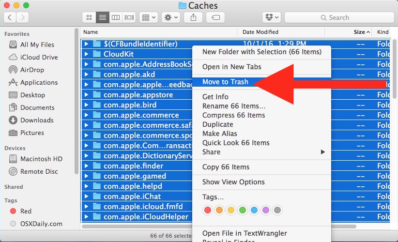 Move caches to the Trash on the Mac to clean them out