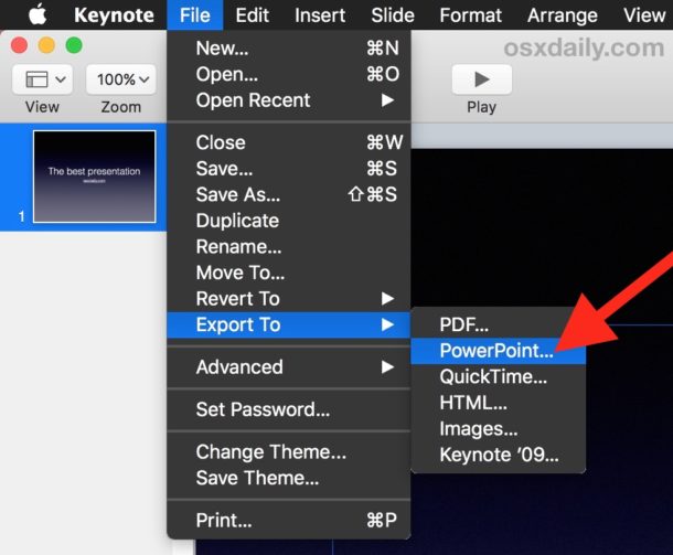 Export Keynote as Powerpoint to convert the file