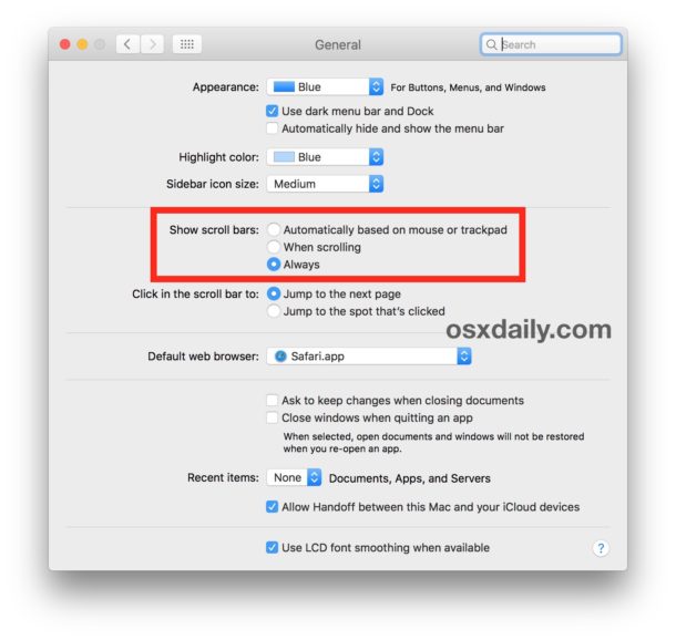 Show the scroll bars on the Mac