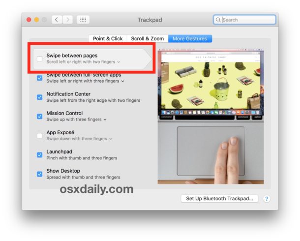 Turn off swipe between pages gesture on Mac