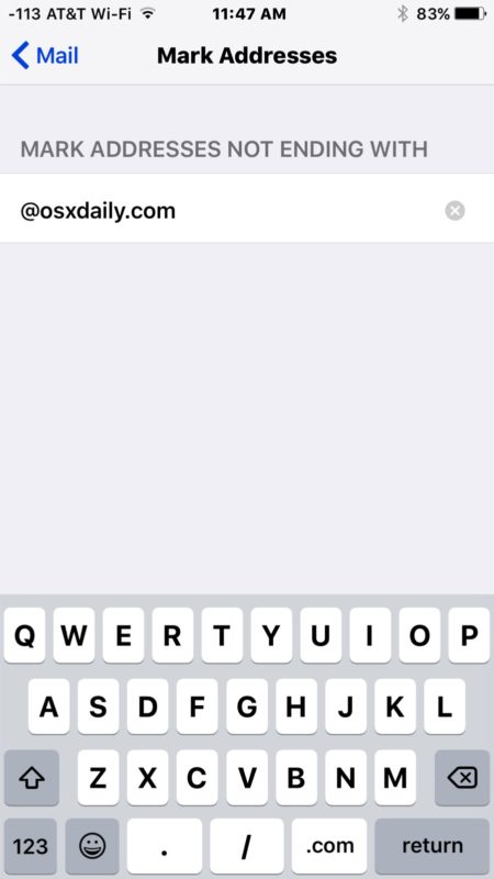 Mark all email addresses domains not ending with in Mail for iOS