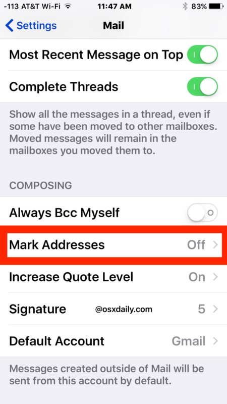 Mark addresses in Mail for iOS