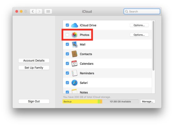Отключить все функции Фото iCloud на Mac