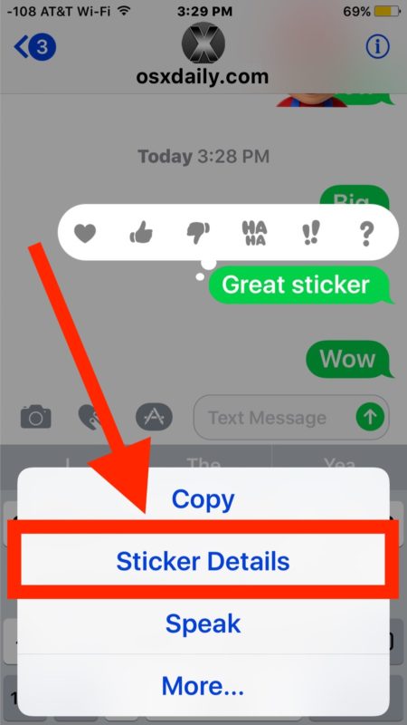 Find where a sticker came from in iOS Messages