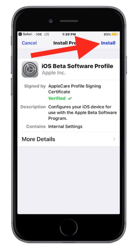 Install iOS 11 public beta profile onto the device