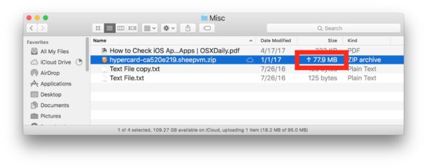 Сортировка по размеру представления списка показывает статус загрузки iCloud Drive
