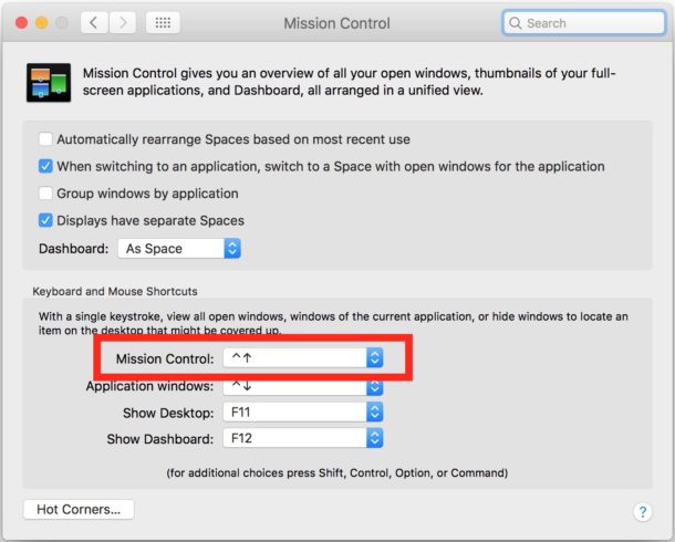 Mission Control keyboard shortcut on Mac