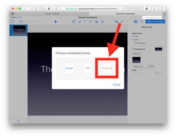 Convert a keynote file to Powerpoint on iCloud