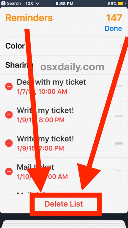 Choose Delete List to delete all Reminders in the iOS list