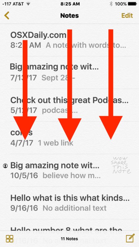 Pull down to reveal Search box in Notes for iOS