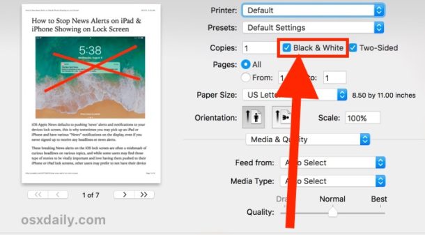 Black and white printing option in macOS