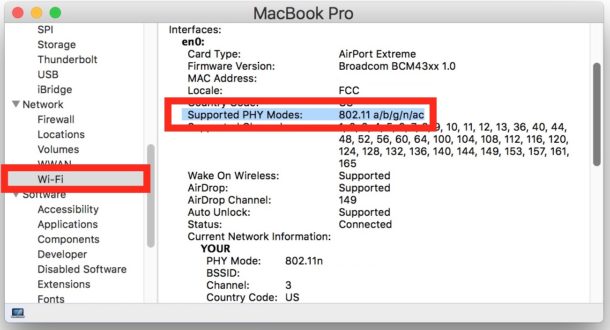 Check supported wifi band PHY modes on a Mac NIC