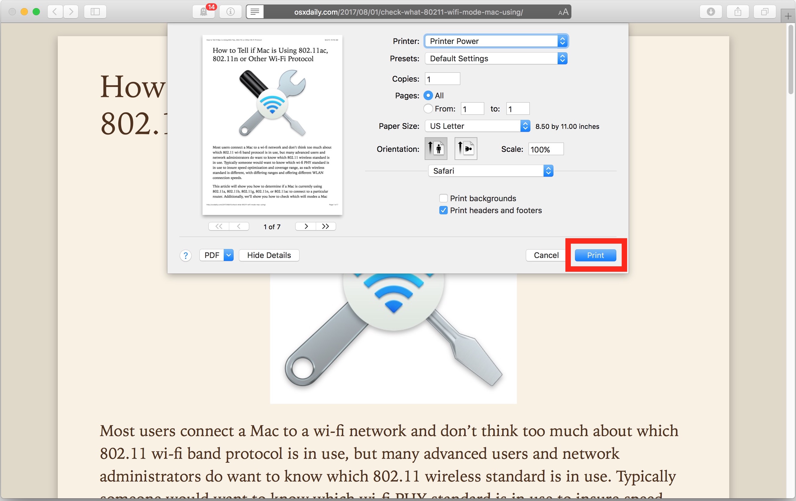 Print an article or webpage without ads in simplified form from Mac