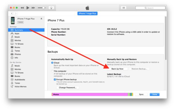 Backup iOS devices in iTunes
