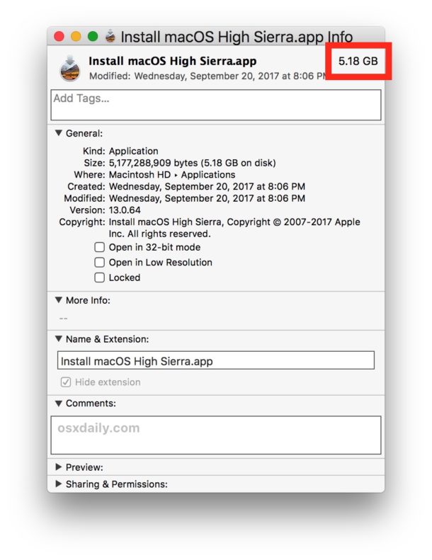 The complete macOS High Sierra installer downloaded