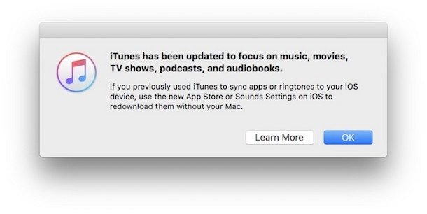 iTunes message removing App Store