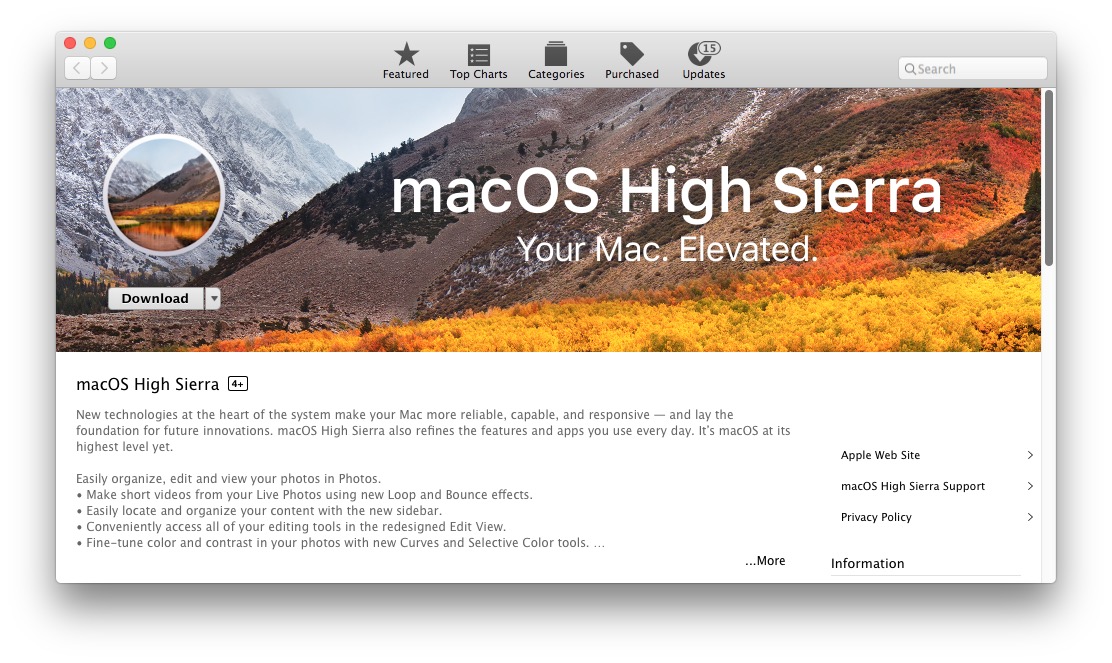 The MacOS High Sierra download on App Store