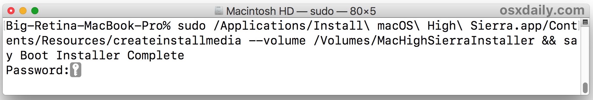 синтаксис команды для создания установщика загрузки macOS High Sierra