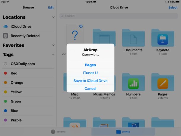 Receiving AirDrop files from Mac to iPad and iPhone as files