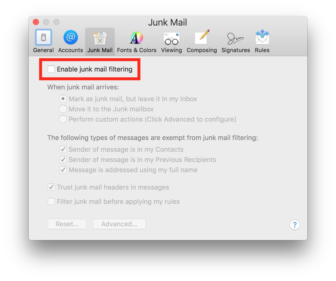Отключить фильтр нежелательной почты в Mail для Mac