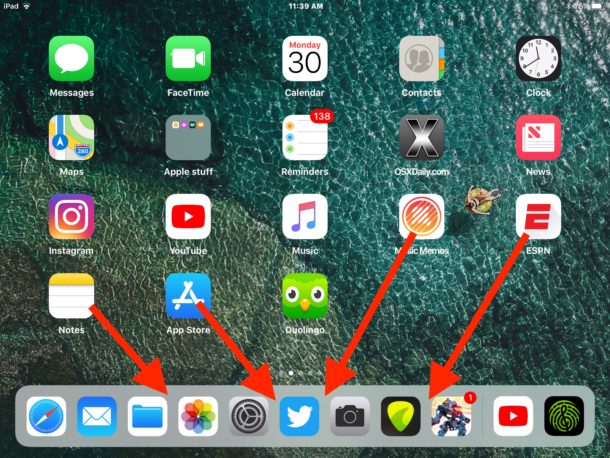 Drag and drop apps into iPad Dock to add more apps to Dock in iOS