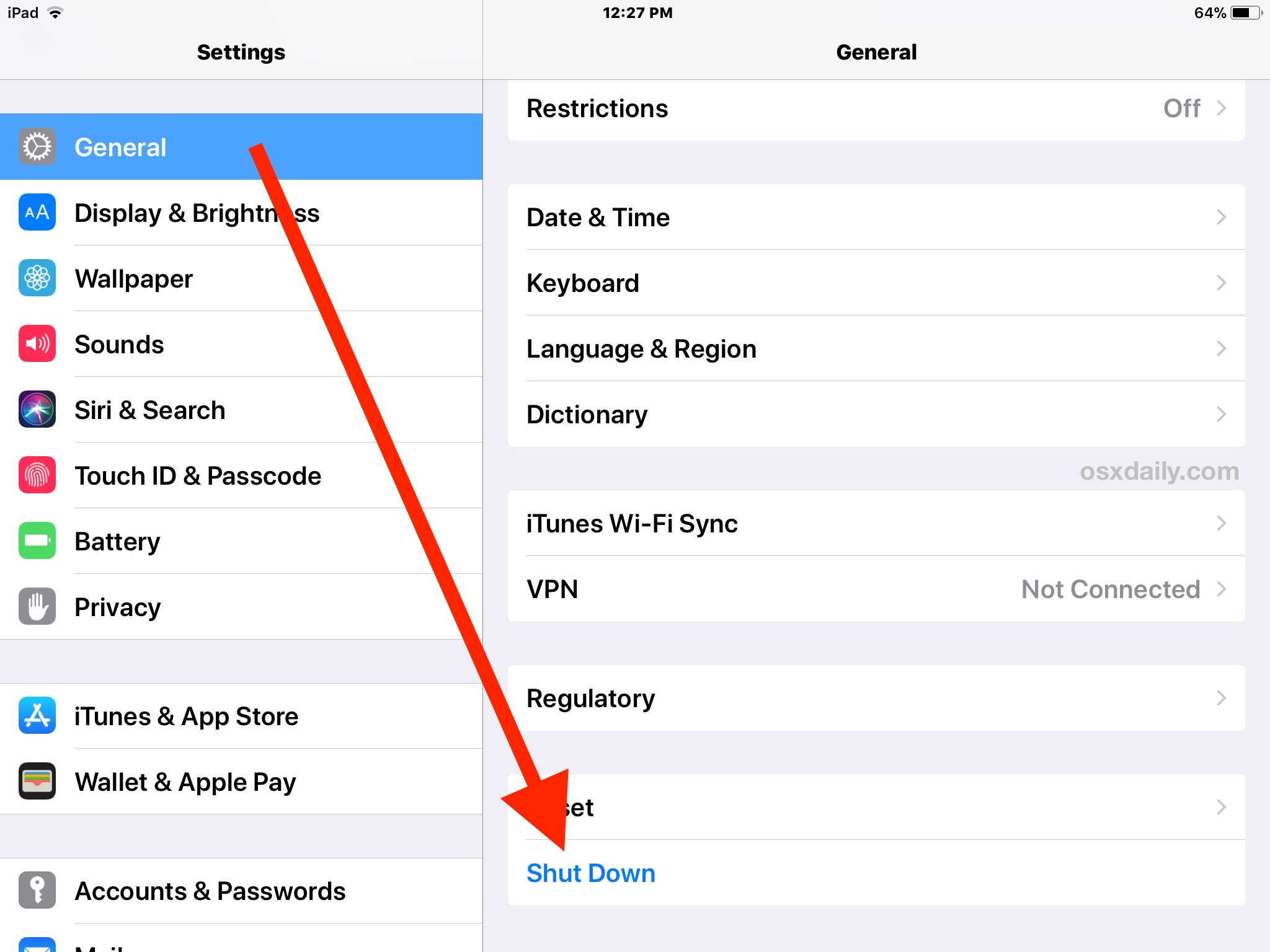 How to Shut Down iPad or iPhone via Settings