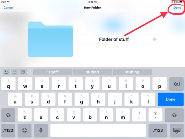 Name and create the new folder in iOS Files app