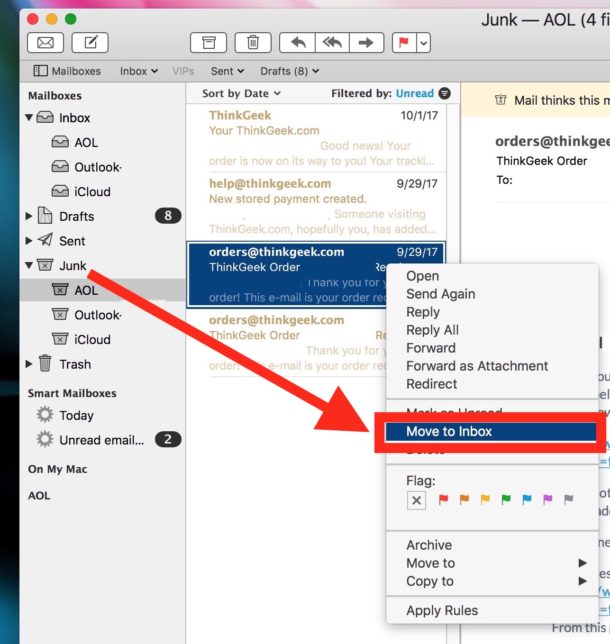 Перемещение электронной почты во входящие из спама в Mail для Mac