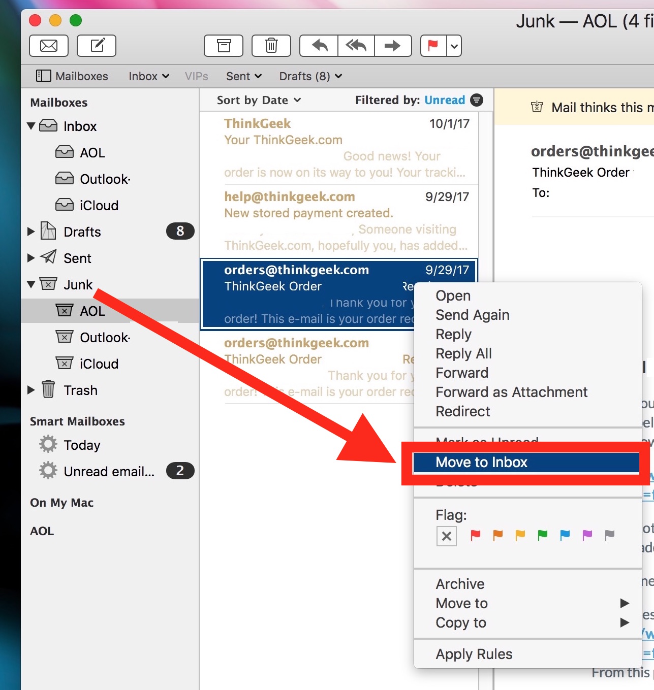 Как переместить электронную почту из нежелательной почты во входящие в Mail для Mac Btip