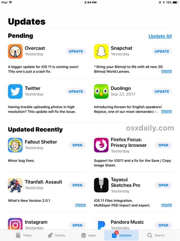 The Updates tab of App Store