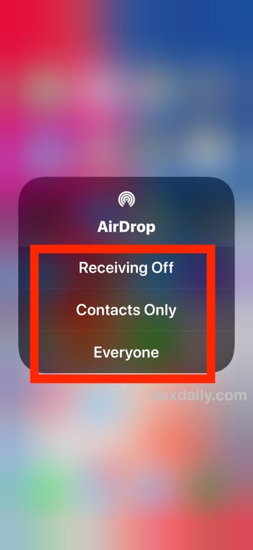 Выберите настройки AirDrop в Центре управления iOS 13.