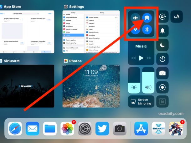 AirDrop отображается в Центре управления для iPad в iOS 11