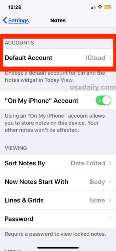 Изменить учетную запись по умолчанию Notes в iOS