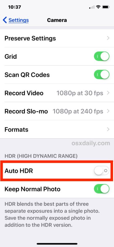 Disable Auto HDR in iPhone Camera Settings