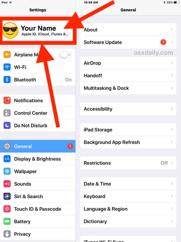 Tap your name to access iCloud settings