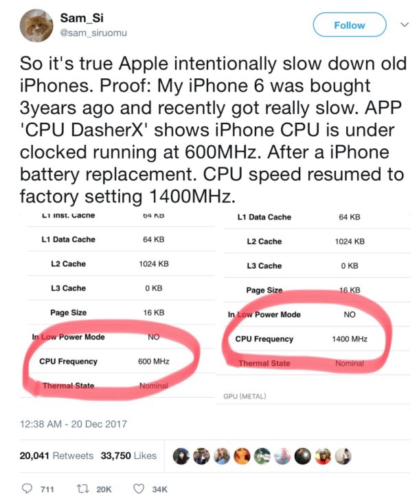 iPhone battery performance throttled by old battery and performance was restored with a new battery