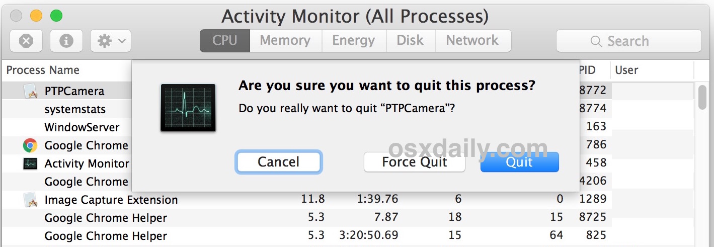 Kill PTPCamera Process on Mac